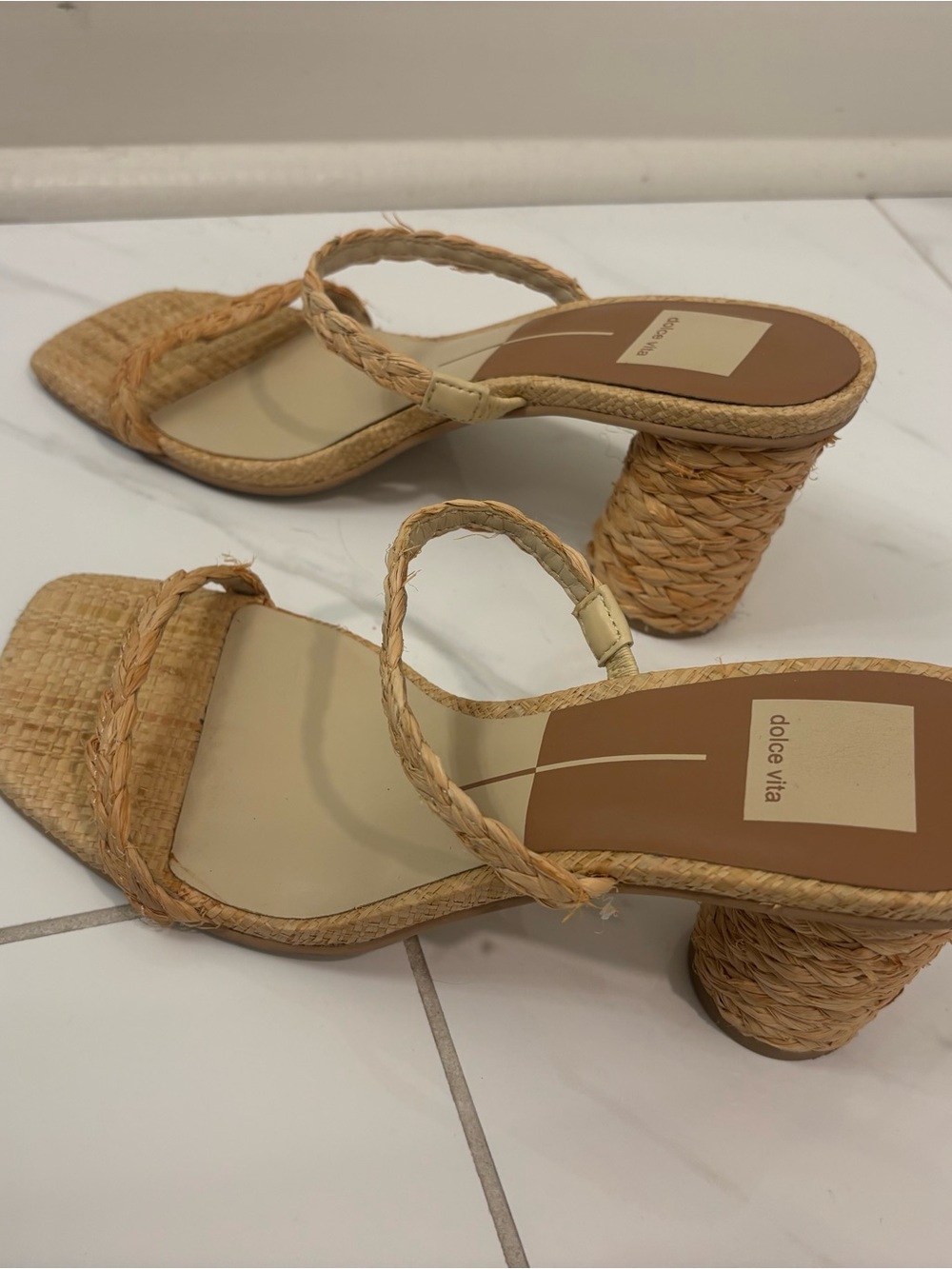Dolce Vita Natural Raffia Braided Block Heel Sandals - Natural